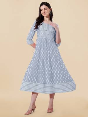 Grey, White Jaipuri Block Print Mirror Work Rayon Kurta 1