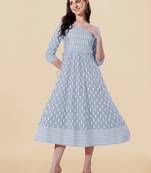 Grey, White Jaipuri Block Print Mirror Work Rayon Kurta