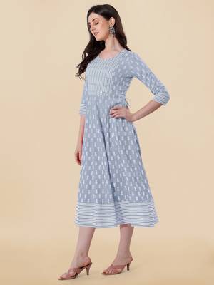 Grey, White Jaipuri Block Print Mirror Work Rayon Kurta 2