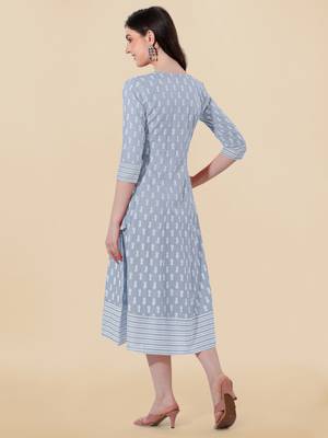 Grey, White Jaipuri Block Print Mirror Work Rayon Kurta 3