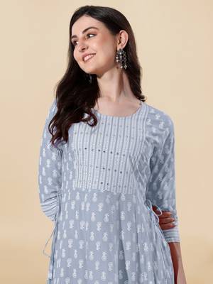 Grey, White Jaipuri Block Print Mirror Work Rayon Kurta 4
