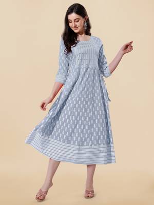 Grey, White Jaipuri Block Print Mirror Work Rayon Kurta 5