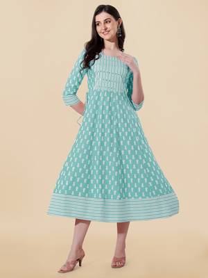 Teal, White Jaipuri Block Print Mirror Work Rayon Kurta 1