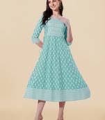 Teal, White Jaipuri Block Print Mirror Work Rayon Kurta