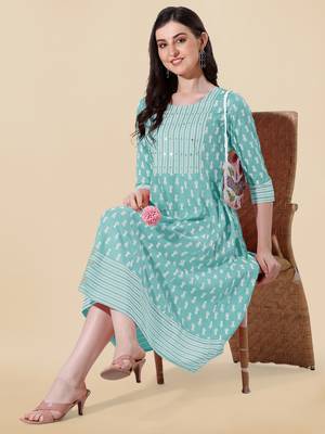 Teal, White Jaipuri Block Print Mirror Work Rayon Kurta 2