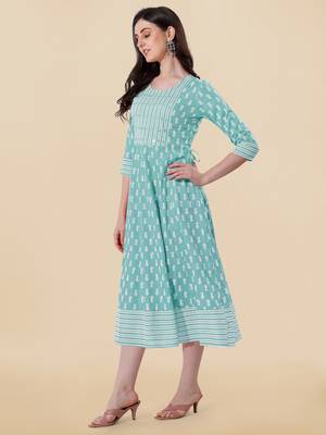 Teal, White Jaipuri Block Print Mirror Work Rayon Kurta 3