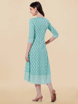 Teal, White Jaipuri Block Print Mirror Work Rayon Kurta 4