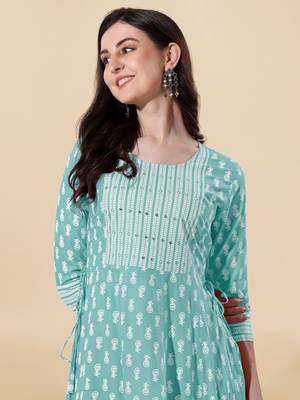 Teal, White Jaipuri Block Print Mirror Work Rayon Kurta 5