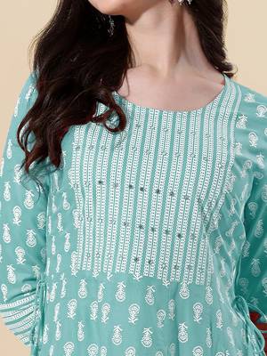 Teal, White Jaipuri Block Print Mirror Work Rayon Kurta 6