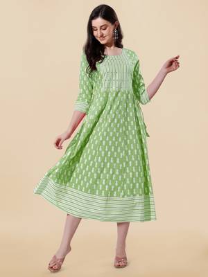 Pista Green, White Jaipuri Block Print Mirror Work Rayon Kurta 1