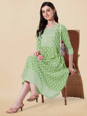 Pista Green, White Jaipuri Block Print Mirror Work Rayon Kurta 2