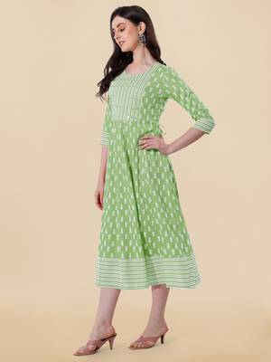 Pista Green, White Jaipuri Block Print Mirror Work Rayon Kurta 3