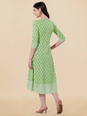 Pista Green, White Jaipuri Block Print Mirror Work Rayon Kurta 4