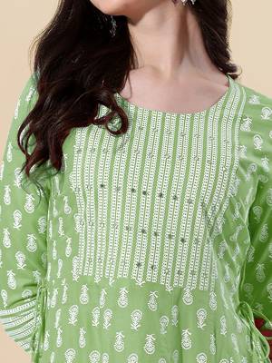 Pista Green, White Jaipuri Block Print Mirror Work Rayon Kurta 5
