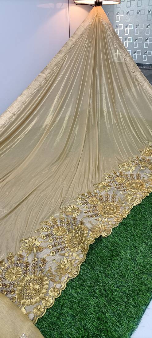  Shiny Lycra Silk Embroidery Gold Saree With Blouse