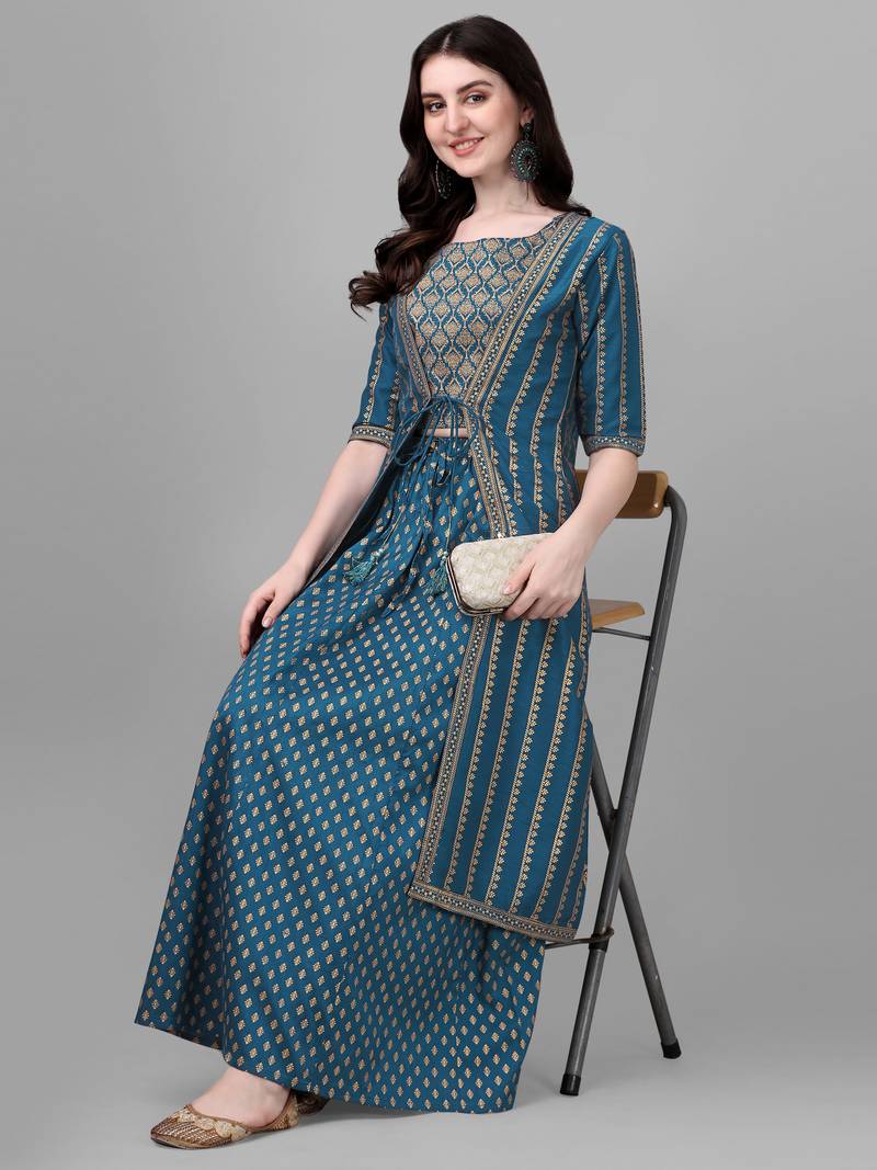 Women's Gold Printed Silk Blend Ethnic Jacket And Top With Skirt (MAK47SKIRT) 