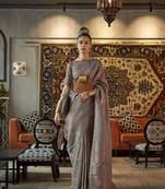 Design Faux Kanjivaram Silk Grey Copper Zari Weaving Classic Saree With Blouse 