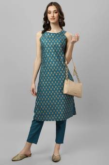 Women's Gold Printed Cotton Blend Boat Neck Kurti And Pant Set (MAK54BOAT)