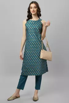 Women's Gold Printed Cotton Blend Boat Neck Kurti And Pant Set (MAK54BOAT)