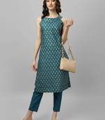 Women's Gold Printed Cotton Blend Boat Neck Kurti And Pant Set (MAK54BOAT)