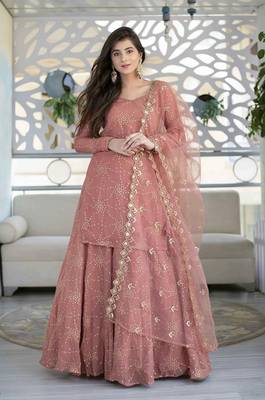 Peach embroidered faux georgette salwar 1