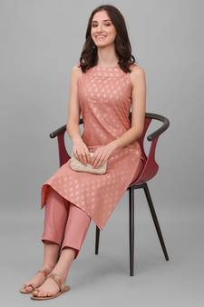 Women's Gold Printed Cotton Blend Boat Neck Kurti And Pant Set (MAK54BOAT)
