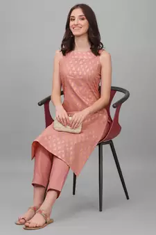 Women's Gold Printed Cotton Blend Boat Neck Kurti And Pant Set (MAK54BOAT)