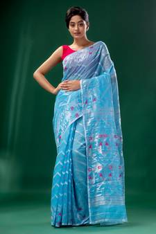 Blue Cotton Silk Handwoven Soft Jamdani Saree Without Blouse
