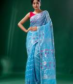 Blue Cotton Silk Handwoven Soft Jamdani Saree Without Blouse