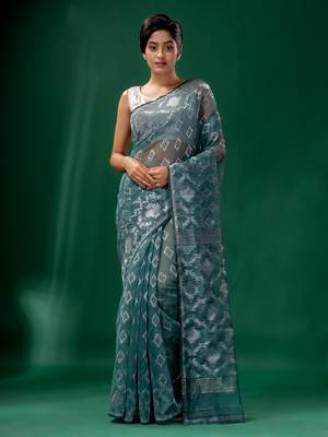 Teal Cotton Silk Handwoven Soft Jamdani Saree Without Blouse 1