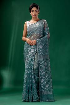 Teal Cotton Silk Handwoven Soft Jamdani Saree Without Blouse