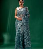 Teal Cotton Silk Handwoven Soft Jamdani Saree Without Blouse