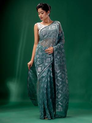 Teal Cotton Silk Handwoven Soft Jamdani Saree Without Blouse 2