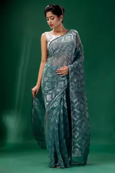 Teal Cotton Silk Handwoven Soft Jamdani Saree Without Blouse