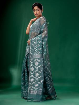 Teal Cotton Silk Handwoven Soft Jamdani Saree Without Blouse 3