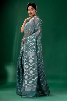 Teal Cotton Silk Handwoven Soft Jamdani Saree Without Blouse