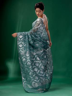 Teal Cotton Silk Handwoven Soft Jamdani Saree Without Blouse 4