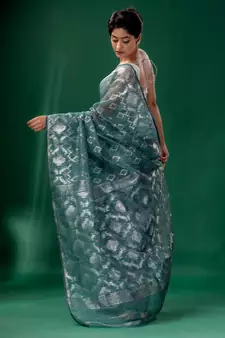 Teal Cotton Silk Handwoven Soft Jamdani Saree Without Blouse
