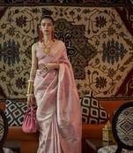 KORAMS DESIGN Faux KANJIVARAM SILK LIGHT PINK COPPER ZARI WEAVING CLASSIC SAREE WITH BLOUSE 