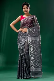 Grey Cotton Silk Handwoven Soft Jamdani Saree Without Blouse