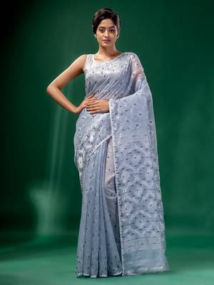 Steel Grey Cotton Silk Handwoven Soft Jamdani Saree Without Blouse 1