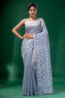 Steel Grey Cotton Silk Handwoven Soft Jamdani Saree Without Blouse