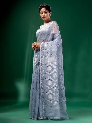 Steel Grey Cotton Silk Handwoven Soft Jamdani Saree Without Blouse 3