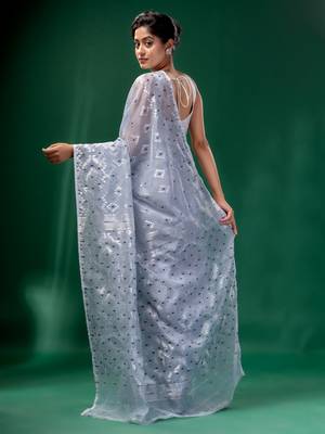 Steel Grey Cotton Silk Handwoven Soft Jamdani Saree Without Blouse 4
