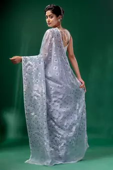 Steel Grey Cotton Silk Handwoven Soft Jamdani Saree Without Blouse
