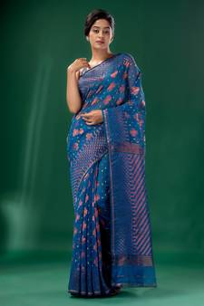 Royal Blue Cotton Silk Handwoven Soft Jamdani Saree Without Blouse
