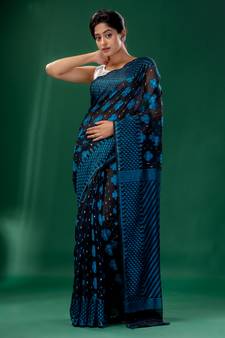 Black Cotton Silk Handwoven Soft Jamdani Saree Without Blouse