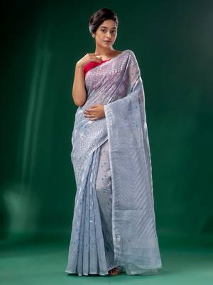 Steel Cotton Silk handwoven soft Jamdani saree 1