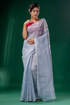 Steel Cotton Silk handwoven soft Jamdani saree