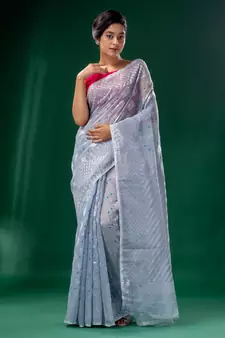 Steel Cotton Silk handwoven soft Jamdani saree